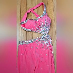 Salmon colored Cut-out Midriff Full Length Prom Dress